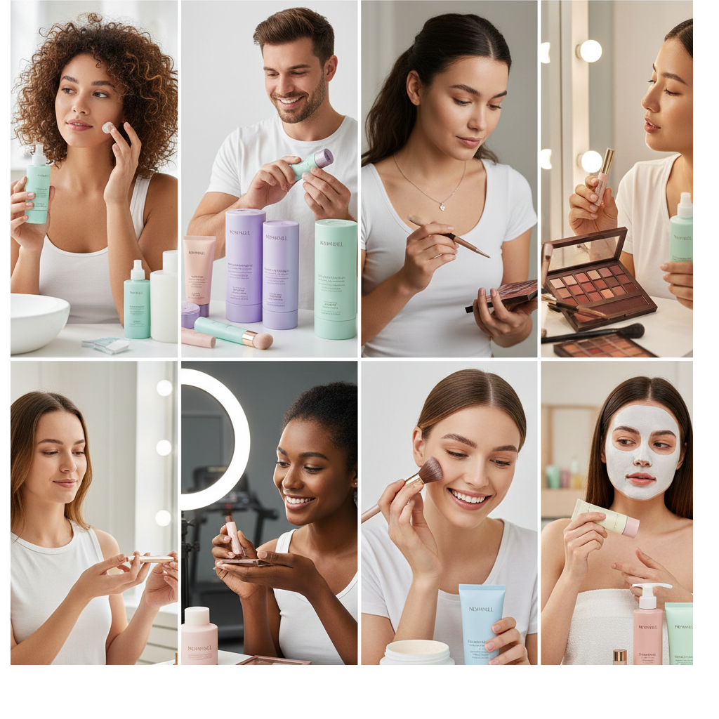 Kosmetikprodukte im Überblick – Gesichtspflege, Körperpflege, Make-up und Haarpflegeprodukte auf weißem Hintergrund