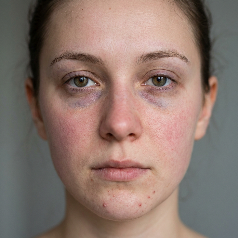 Vorher – Foundation auf Augenringe stapeln hilft nicht — der bläuliche Unterton bleibt.