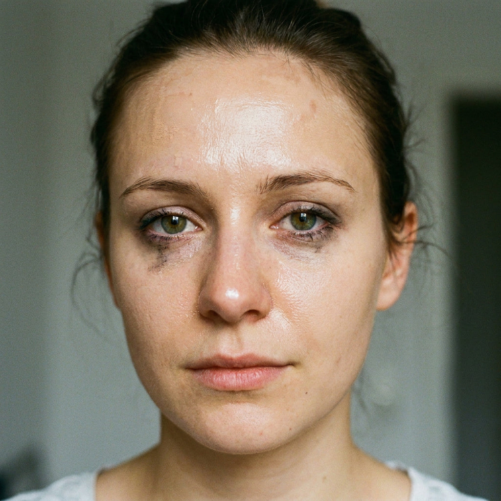 Vorher – Make-up verblasst, verschmiert nach Stunden